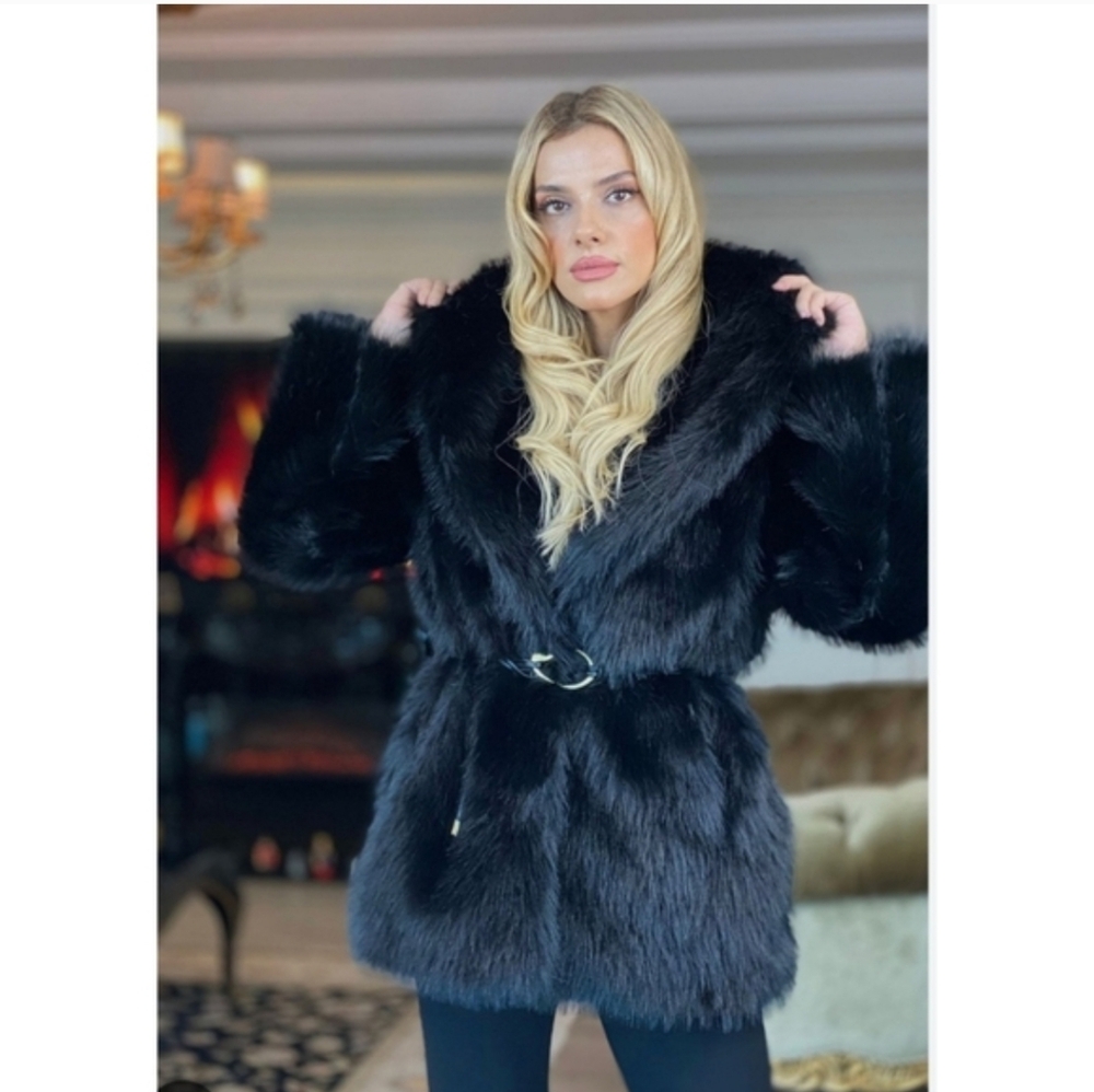 Zara FAUX FUR COAT WITH BELT BLACK - Picture 6 of 16